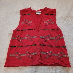 Alfred Dunner Christmas Vest Medium Vintage Red Knit Embroidered Poinsettia